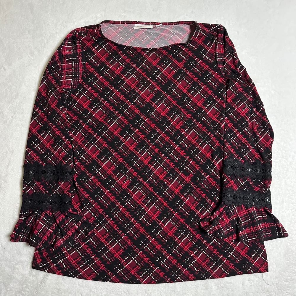 Susan Graver Blouse M Red Black Liquid Knit Flare Sleeve Lace Detail Stretch